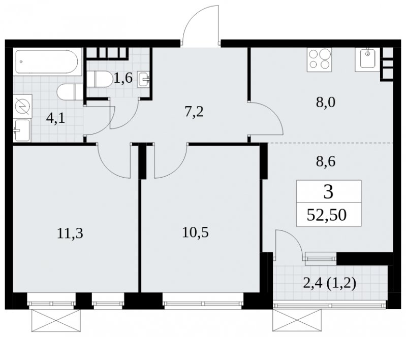 3-комнатная квартира (евро) без отделки, 52.5 м2, 7 этаж, сдача 1 квартал 2025 г., ЖК Прокшино, корпус 5.2.5 - объявление 1900865 - фото №1