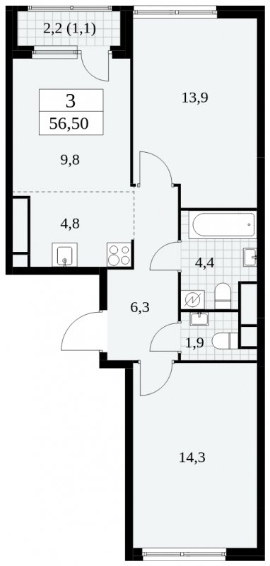 3-комнатная квартира (евро) без отделки, 56.5 м2, 23 этаж, сдача 2 квартал 2025 г., ЖК Южные сады, корпус 2.3 - объявление 1758388 - фото №1