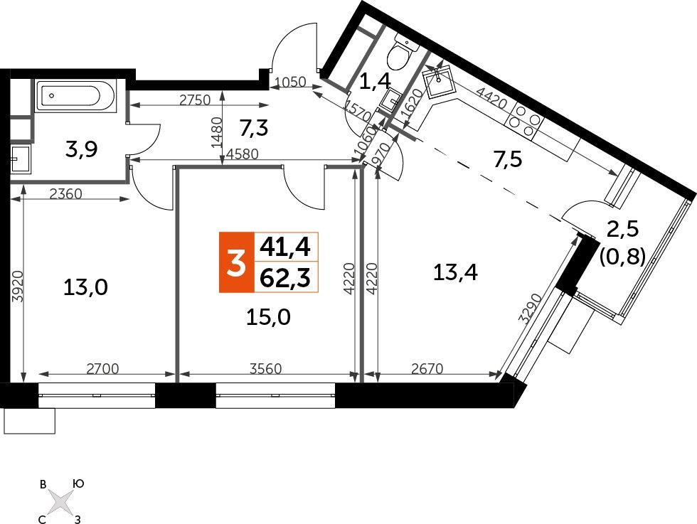 3-комнатная квартира без отделки, 63.6 м2, 16 этаж, дом сдан, ЖК Датский квартал, корпус 2 - объявление 2335596 - фото №1