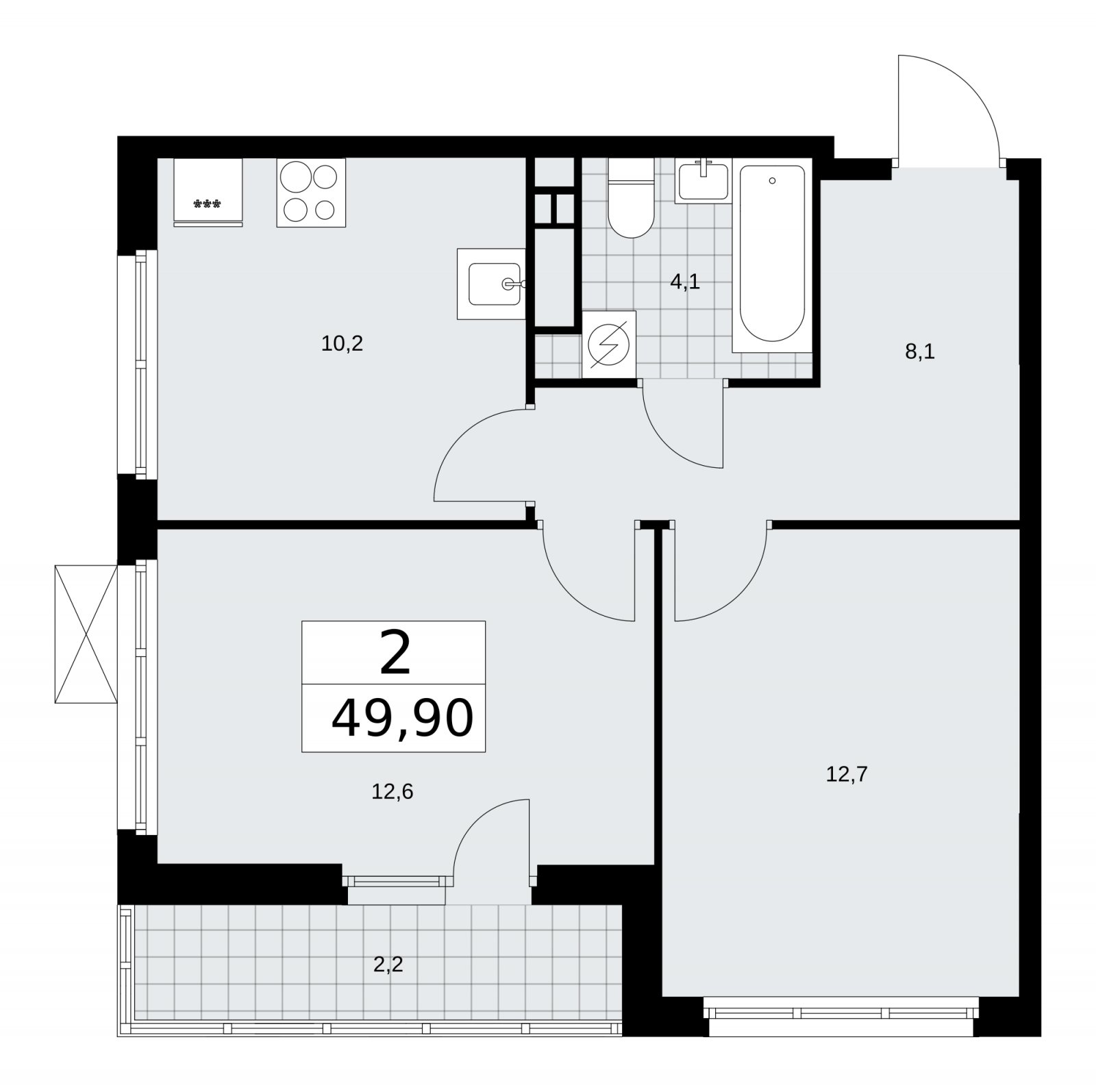 2-комнатная квартира без отделки, 49.9 м2, 12 этаж, сдача 3 квартал 2025 г., ЖК Бунинские кварталы, корпус 3.2 - объявление 2151906 - фото №1