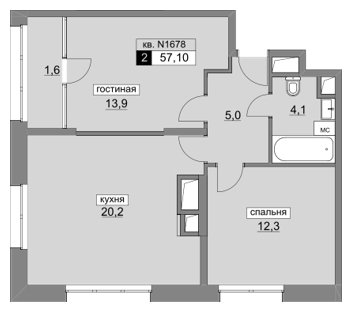 2-комнатная квартира без отделки, 57.1 м2, 4 этаж, сдача 4 квартал 2022 г., ЖК Румянцево-Парк, корпус 3 - объявление 1684916 - фото №1