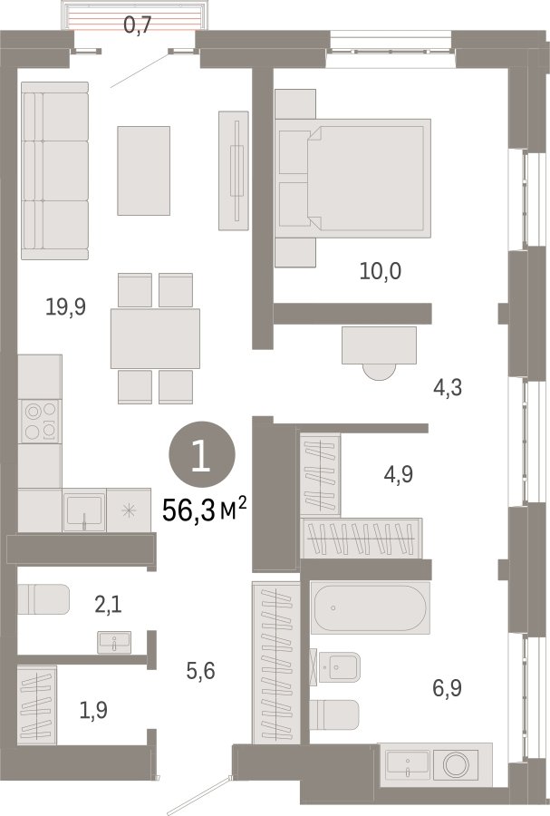 1-комнатная квартира с частичной отделкой, 56.3 м2, 28 этаж, сдача 3 квартал 2026 г., ЖК Квартал Метроном, корпус 1 - объявление 2300768 - фото №1