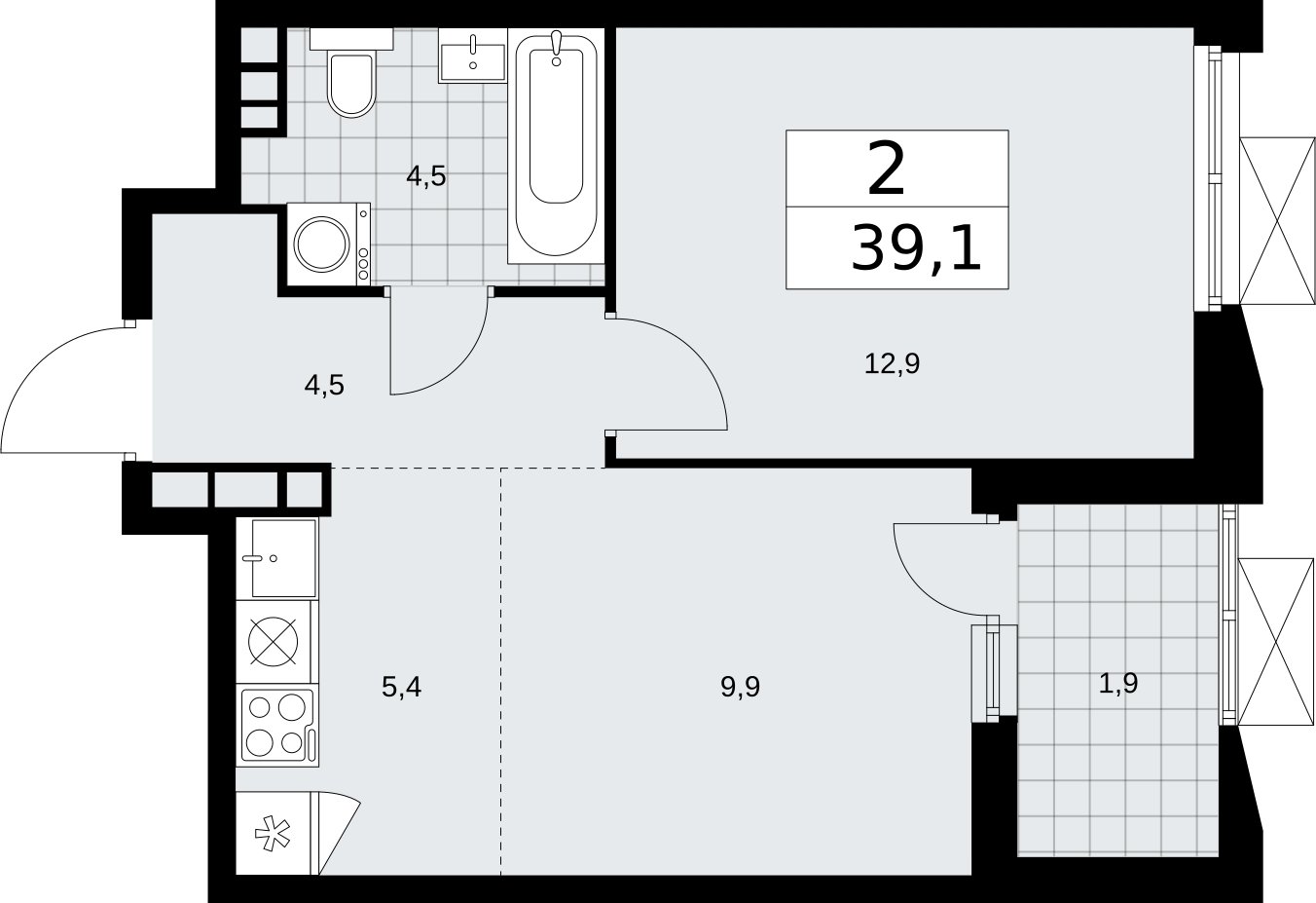 2-комнатная квартира (евро) без отделки, 39.1 м2, 16 этаж, сдача 2 квартал 2026 г., ЖК Бунинские кварталы, корпус 5.2 - объявление 2297435 - фото №1