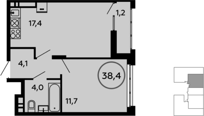 1-комнатная квартира без отделки, 38.6 м2, 15 этаж, сдача 1 квартал 2023 г., ЖК Скандинавия, корпус 2.14.1 - объявление 1994337 - фото №1