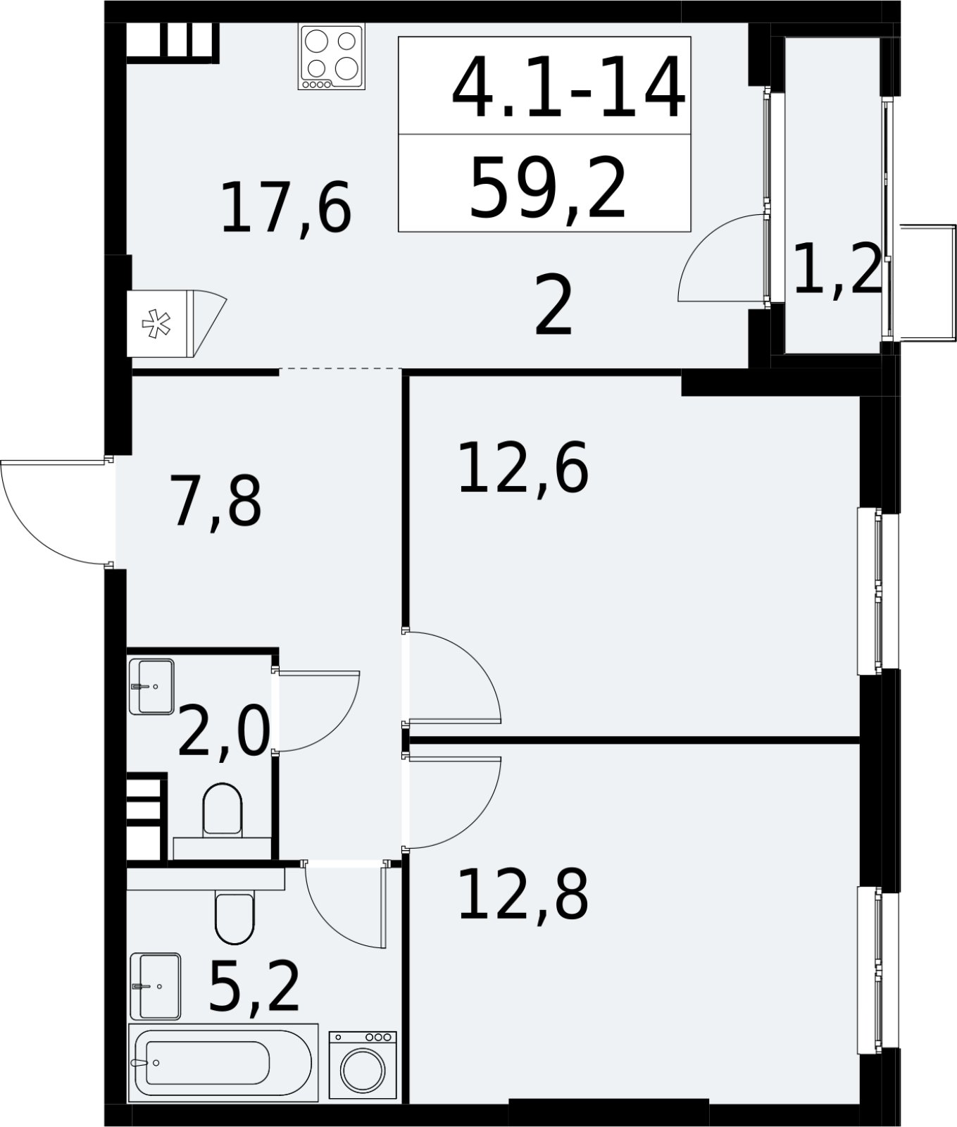 2-комнатная квартира с полной отделкой, 59.2 м2, 4 этаж, сдача 2 квартал 2027 г., ЖК Южные сады, корпус 4.1.1 - объявление 2392555 - фото №1