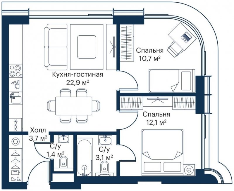 2-комнатная квартира с частичной отделкой, 53.9 м2, 16 этаж, сдача 4 квартал 2023 г., ЖК City Bay, корпус Atlantic Ocean 1 - объявление 1670704 - фото №1