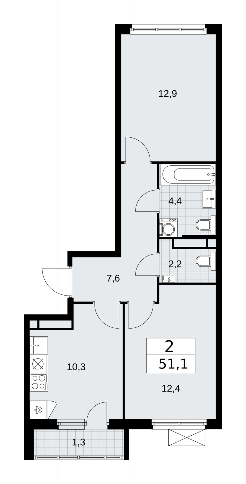 2-комнатная квартира с частичной отделкой, 51.1 м2, 11 этаж, сдача 2 квартал 2026 г., ЖК Прокшино, корпус 11.2.3 - объявление 2270466 - фото №1