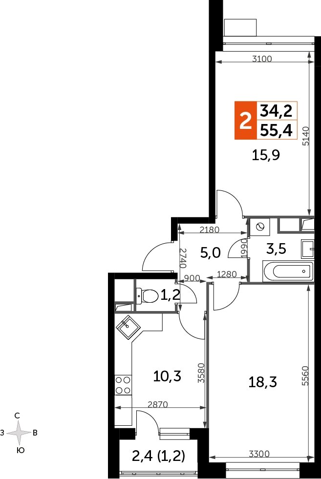 2-комнатная квартира без отделки, 55.4 м2, 3 этаж, дом сдан, ЖК Датский квартал, корпус 2 - объявление 2333524 - фото №1