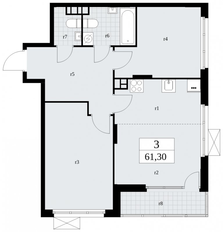 3-комнатная квартира (евро) без отделки, 61.3 м2, 11 этаж, сдача 4 квартал 2024 г., ЖК Бунинские кварталы, корпус 2.5 - объявление 1882743 - фото №1