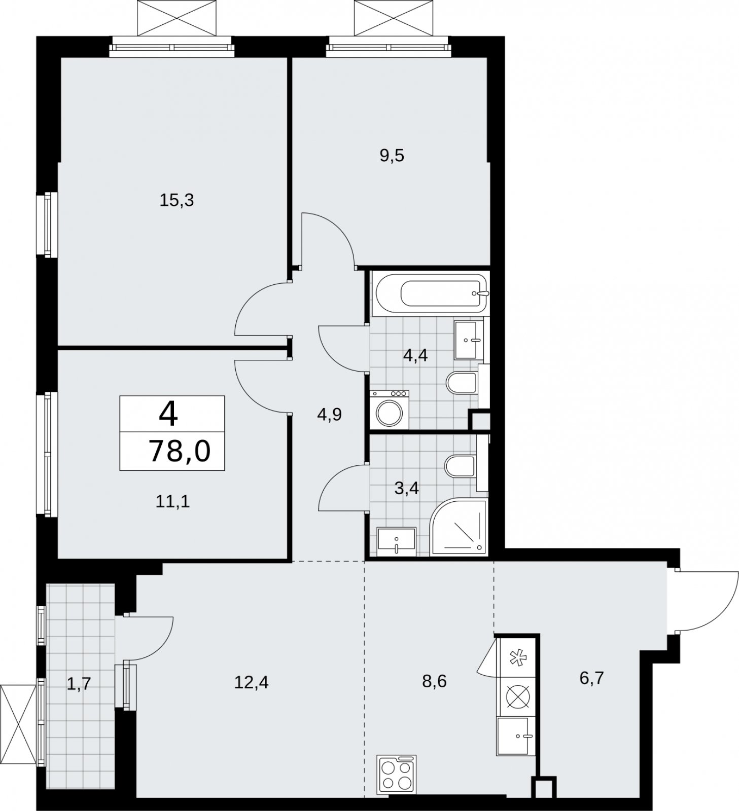 4-комнатная квартира (евро) с полной отделкой, 78 м2, 2 этаж, сдача 2 квартал 2026 г., ЖК Бунинские кварталы, корпус 7.2 - объявление 2319613 - фото №1