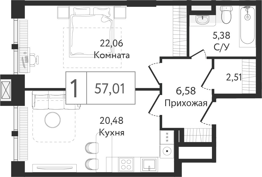 1-комнатная квартира без отделки, 57.01 м2, 10 этаж, сдача 3 квартал 2023 г., ЖК Dream Towers, корпус 1 - объявление 2261197 - фото №1