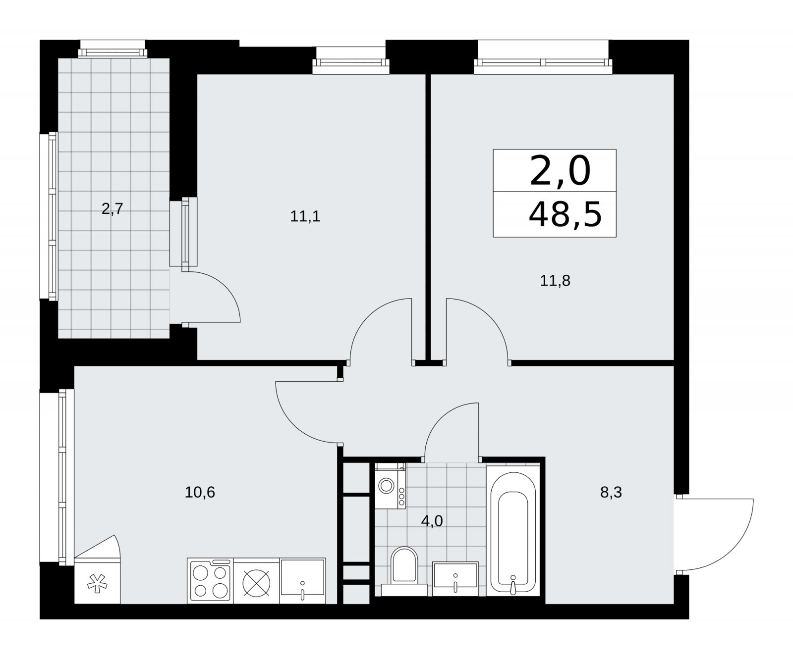 2-комнатная квартира с частичной отделкой, 48.5 м2, 12 этаж, сдача 2 квартал 2026 г., ЖК Дзен-кварталы, корпус 3.5 - объявление 2242516 - фото №1