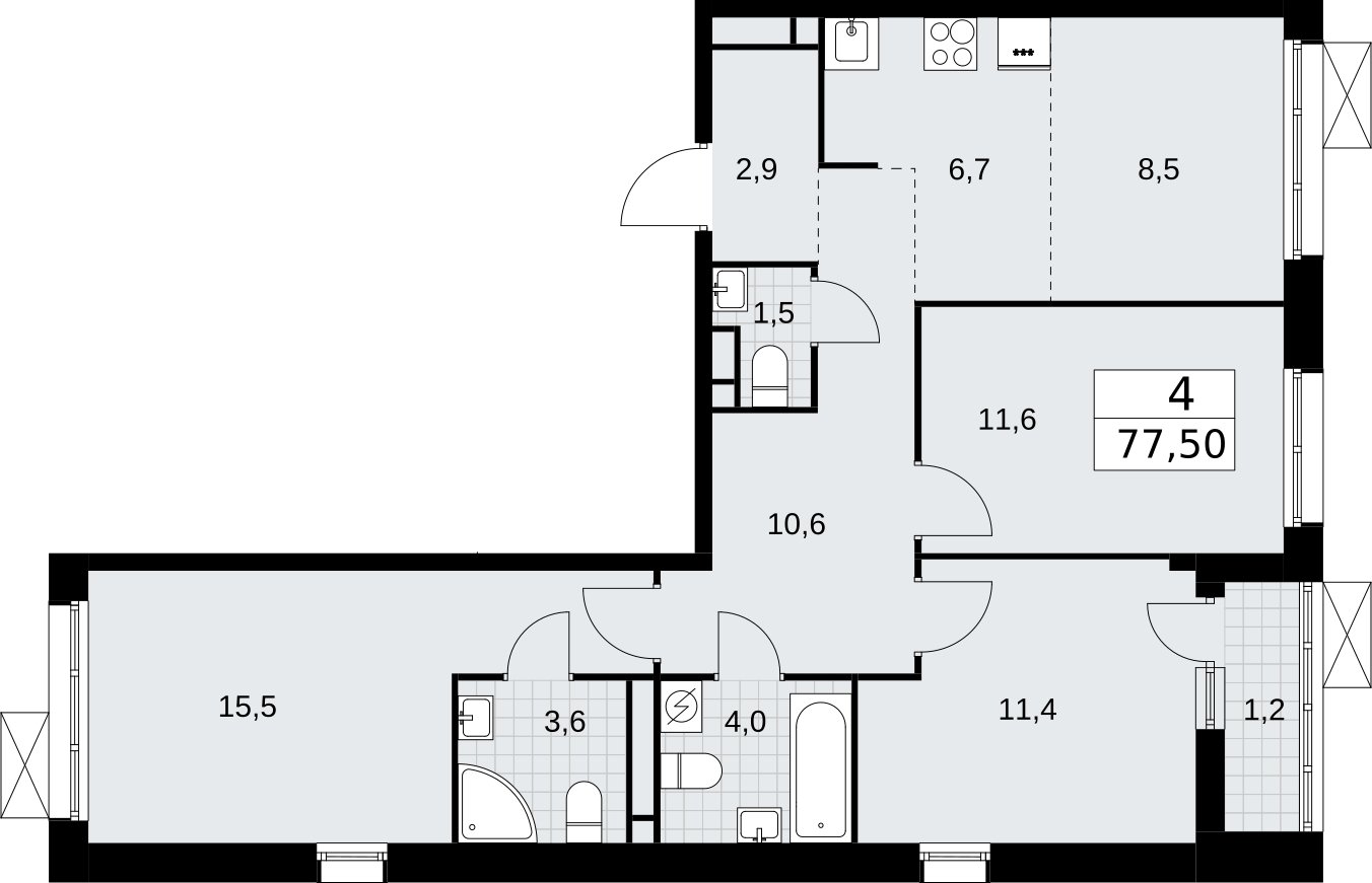 4-комнатная квартира (евро) без отделки, 77.5 м2, 3 этаж, сдача 3 квартал 2026 г., ЖК Родные кварталы, корпус 2 - объявление 2295709 - фото №1