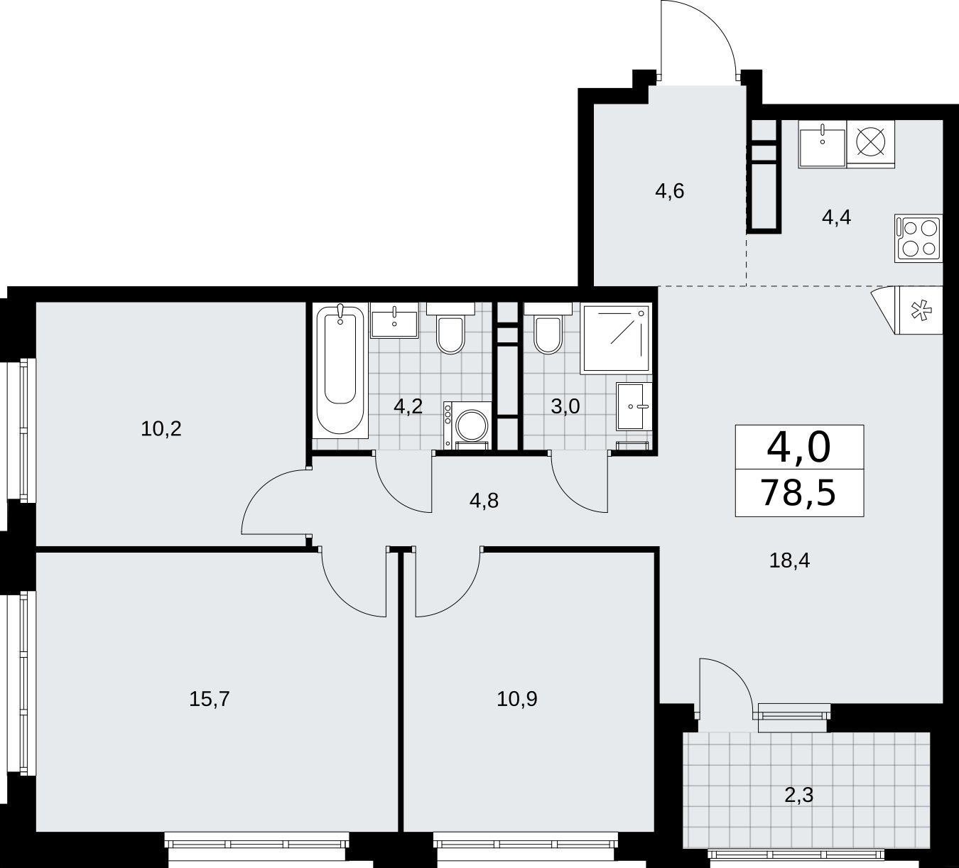 4-комнатная квартира (евро) с частичной отделкой, 78.5 м2, 13 этаж, сдача 2 квартал 2026 г., ЖК Дзен-кварталы, корпус 3.3 - объявление 2400328 - фото №1