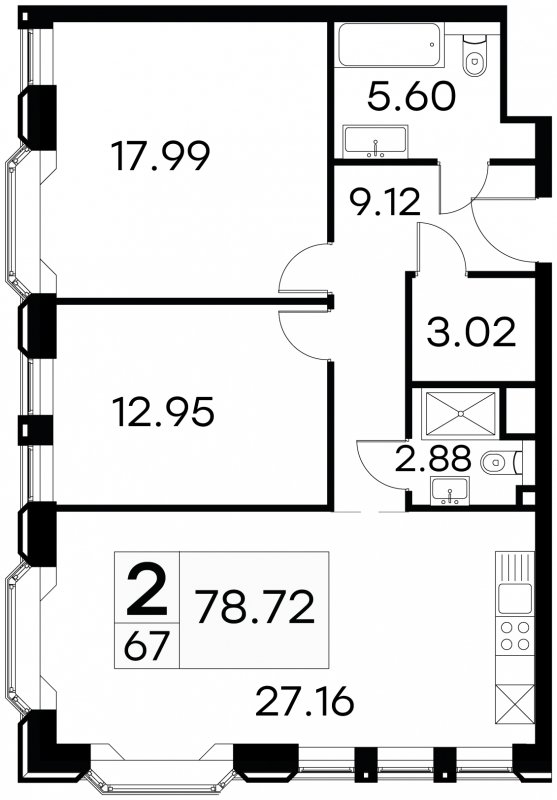 2-комнатные апартаменты с частичной отделкой, 78.72 м2, 7 этаж, сдача 3 квартал 2024 г., ЖК GloraX Aura Белорусская, корпус 1 - объявление 1708616 - фото №1