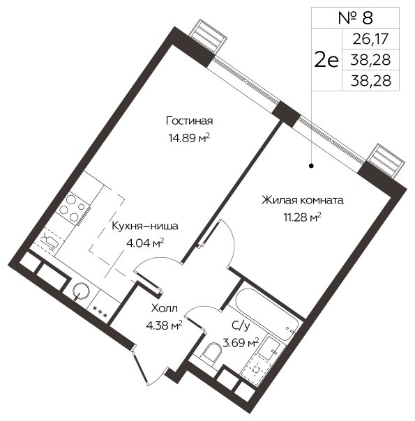 2-комнатная квартира (евро) с полной отделкой, 38.28 м2, 2 этаж, сдача 3 квартал 2024 г., ЖК МелисСад, корпус 1 - объявление 1861091 - фото №1