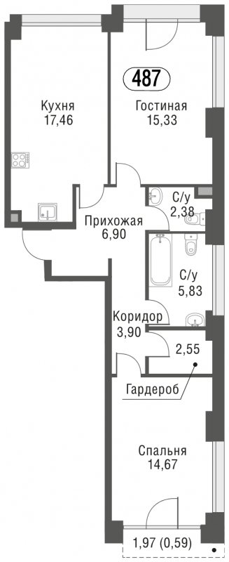 2-комнатная квартира без отделки, 69.61 м2, 4 этаж, сдача 3 квартал 2023 г., ЖК AFI Park Воронцовский, корпус 3 - объявление 1637221 - фото №1