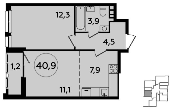 2-комнатная квартира (евро) без отделки, 40.9 м2, 17 этаж, сдача 1 квартал 2024 г., ЖК Южные сады, корпус 1.2 - объявление 1512203 - фото №1