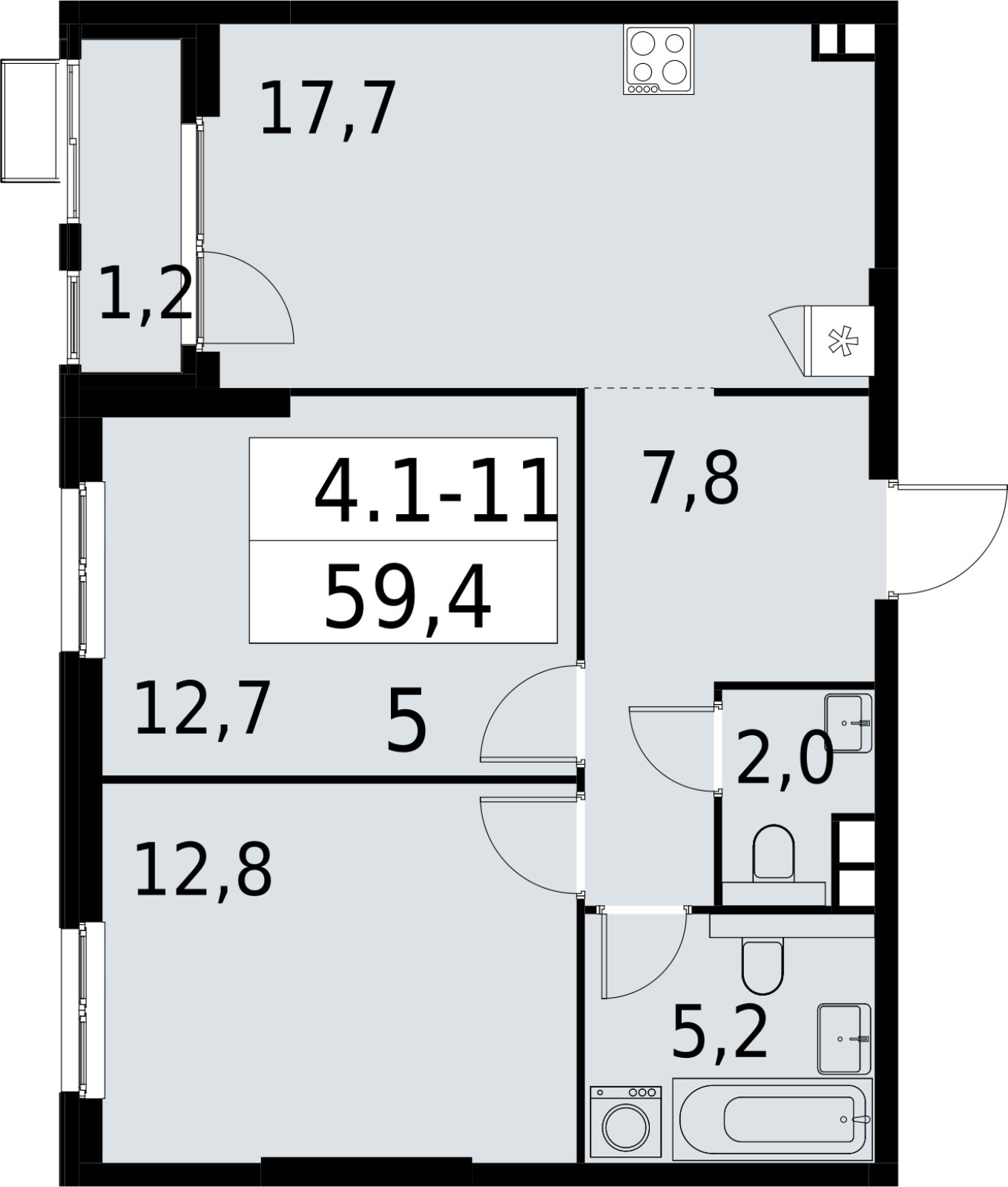 2-комнатная квартира с полной отделкой, 59.4 м2, 3 этаж, сдача 2 квартал 2027 г., ЖК Южные сады, корпус 4.1.1 - объявление 2392552 - фото №1