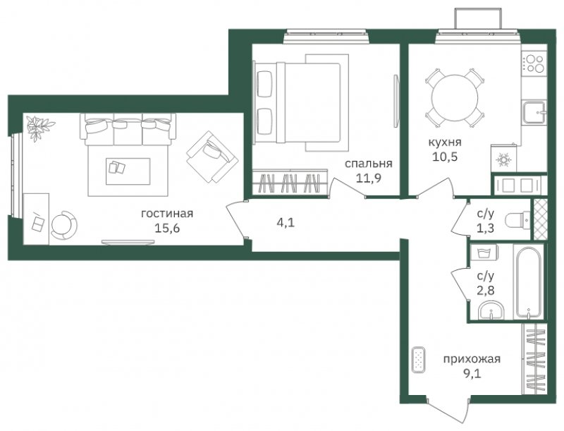 2-комнатная квартира с полной отделкой, 55.6 м2, 12 этаж, дом сдан, ЖК Зеленая Вертикаль, корпус 2 - объявление 1806806 - фото №1