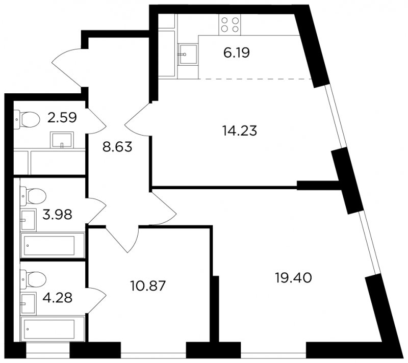 3-комнатная квартира без отделки, 70.17 м2, 29 этаж, сдача 2 квартал 2022 г., ЖК КутузовGRAD 2, корпус 5 - объявление 1679207 - фото №1