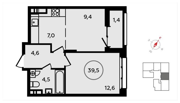 2-комнатная квартира (евро) без отделки, 39.5 м2, 9 этаж, сдача 3 квартал 2024 г., ЖК Скандинавия, корпус 2.22.2 - объявление 1625507 - фото №1