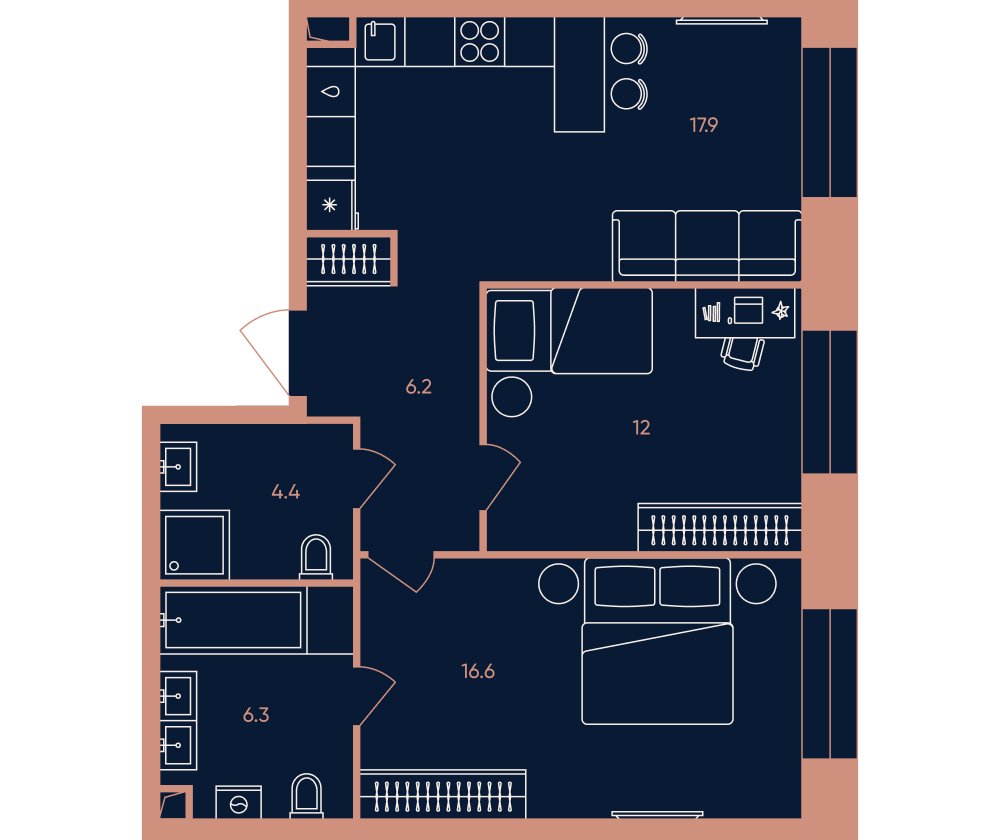 3-комнатная квартира без отделки, 63.4 м2, 29 этаж, сдача 3 квартал 2026 г., ЖК ERA, корпус 3 - объявление 2376358 - фото №1