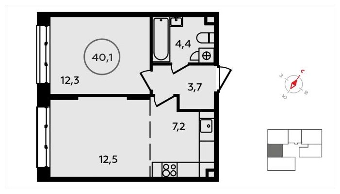 2-комнатная квартира (евро) без отделки, 40.1 м2, 2 этаж, сдача 3 квартал 2024 г., ЖК Скандинавия, корпус 2.22.2 - объявление 1625344 - фото №1