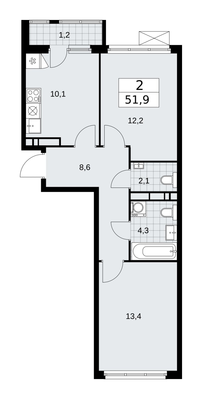 2-комнатная квартира без отделки, 51.9 м2, 11 этаж, сдача 4 квартал 2025 г., ЖК Прокшино, корпус 11.1.4 - объявление 2257550 - фото №1