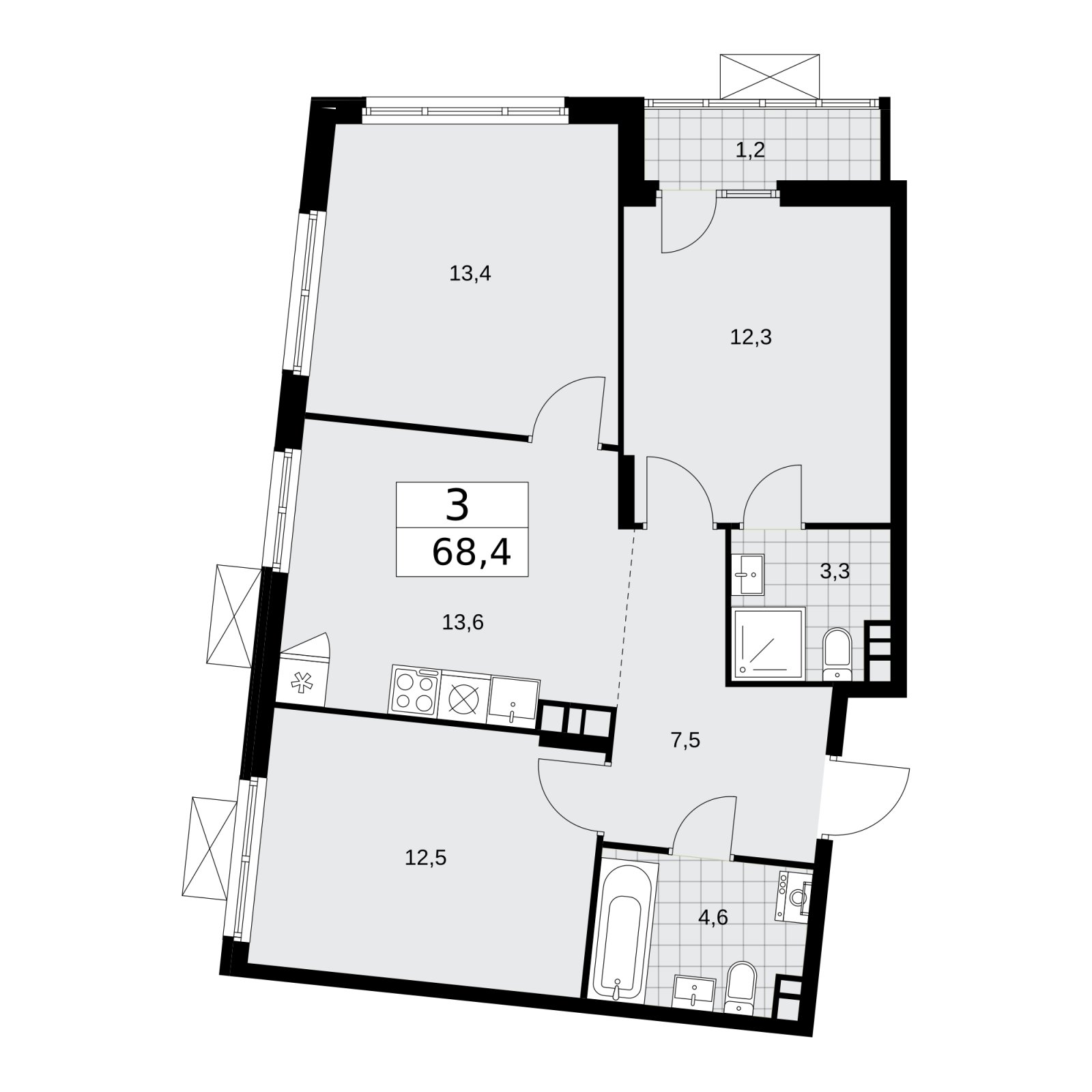 3-комнатная квартира без отделки, 68.4 м2, 3 этаж, сдача 1 квартал 2026 г., ЖК Деснаречье, корпус 4.1 - объявление 2263345 - фото №1