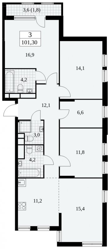 3-комнатная квартира с полной отделкой, 101.3 м2, 10 этаж, сдача 2 квартал 2025 г., ЖК Южные сады, корпус 2.1 - объявление 1759899 - фото №1