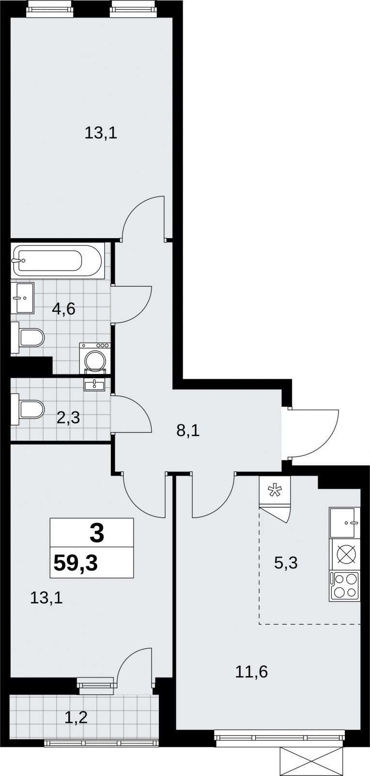 3-комнатная квартира (евро) без отделки, 59.3 м2, 4 этаж, сдача 2 квартал 2026 г., ЖК Дзен-кварталы, корпус 6.1.1 - объявление 2326991 - фото №1