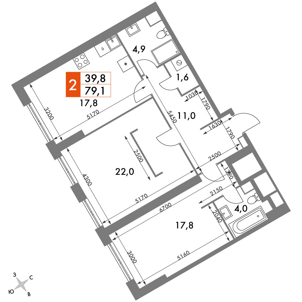 2-комнатная квартира с частичной отделкой, 79.1 м2, 29 этаж, дом сдан, ЖК Архитектор, корпус 3 - объявление 2374926 - фото №1