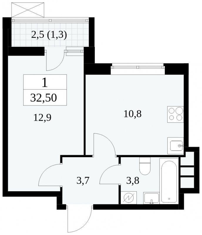 1-комнатная квартира без отделки, 32.5 м2, 3 этаж, сдача 1 квартал 2025 г., ЖК Прокшино, корпус 5.2.5 - объявление 1900826 - фото №1