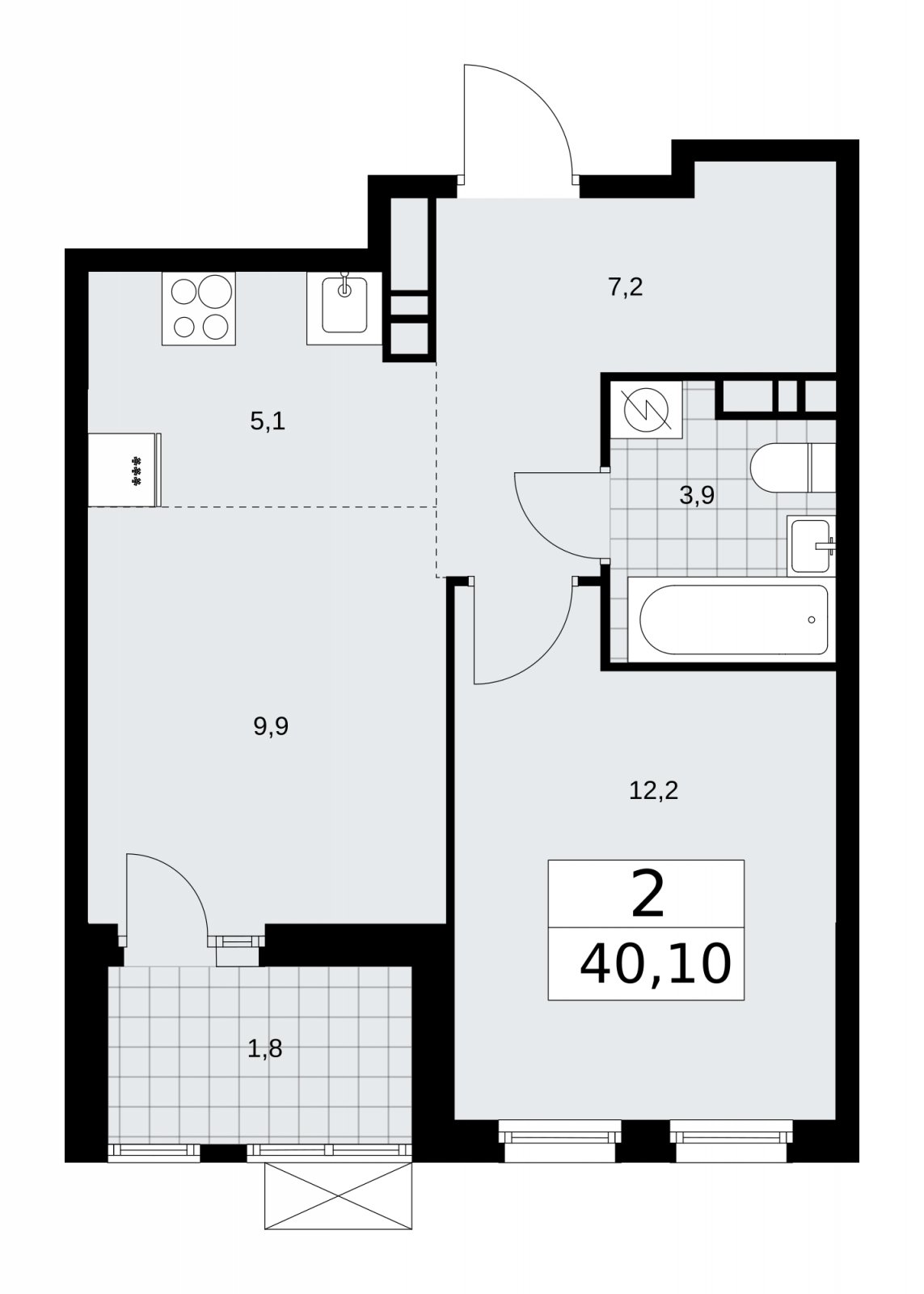 2-комнатная квартира (евро) с частичной отделкой, 40.1 м2, 10 этаж, сдача 4 квартал 2025 г., ЖК Бунинские кварталы, корпус 3.5 - объявление 2152190 - фото №1