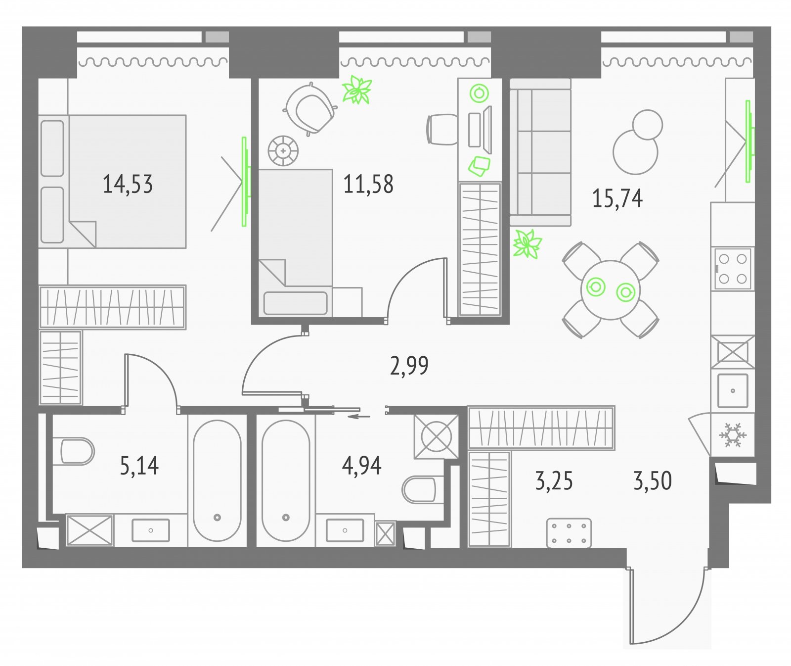 2-комнатная квартира без отделки, 61.67 м2, 37 этаж, сдача 2 квартал 2026 г., ЖК Upside Towers, корпус 1 - объявление 2343569 - фото №1