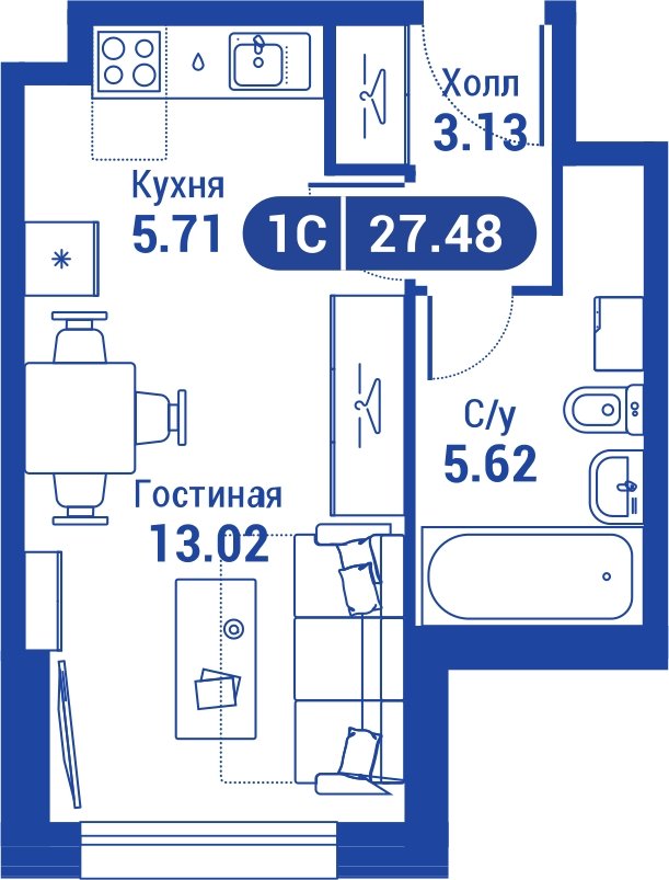 1-комнатная квартира без отделки, 26.8 м2, 9 этаж, сдача 4 квартал 2023 г., ЖК iLove, корпус 3 - объявление 2047277 - фото №1