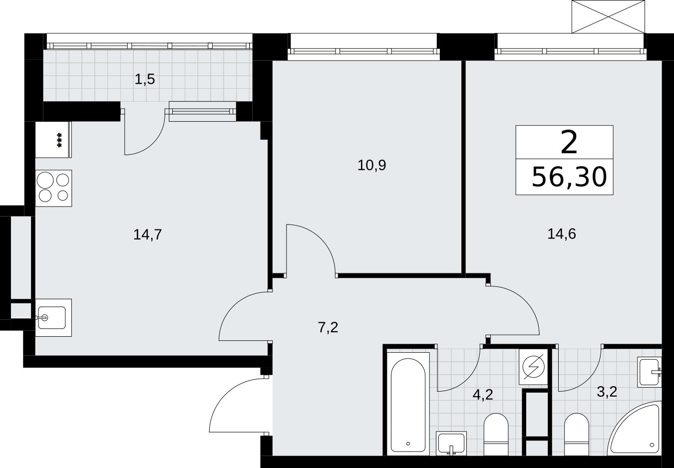 2-комнатная квартира без отделки, 56.3 м2, 3 этаж, сдача 3 квартал 2026 г., ЖК Родные кварталы, корпус 2 - объявление 2295428 - фото №1