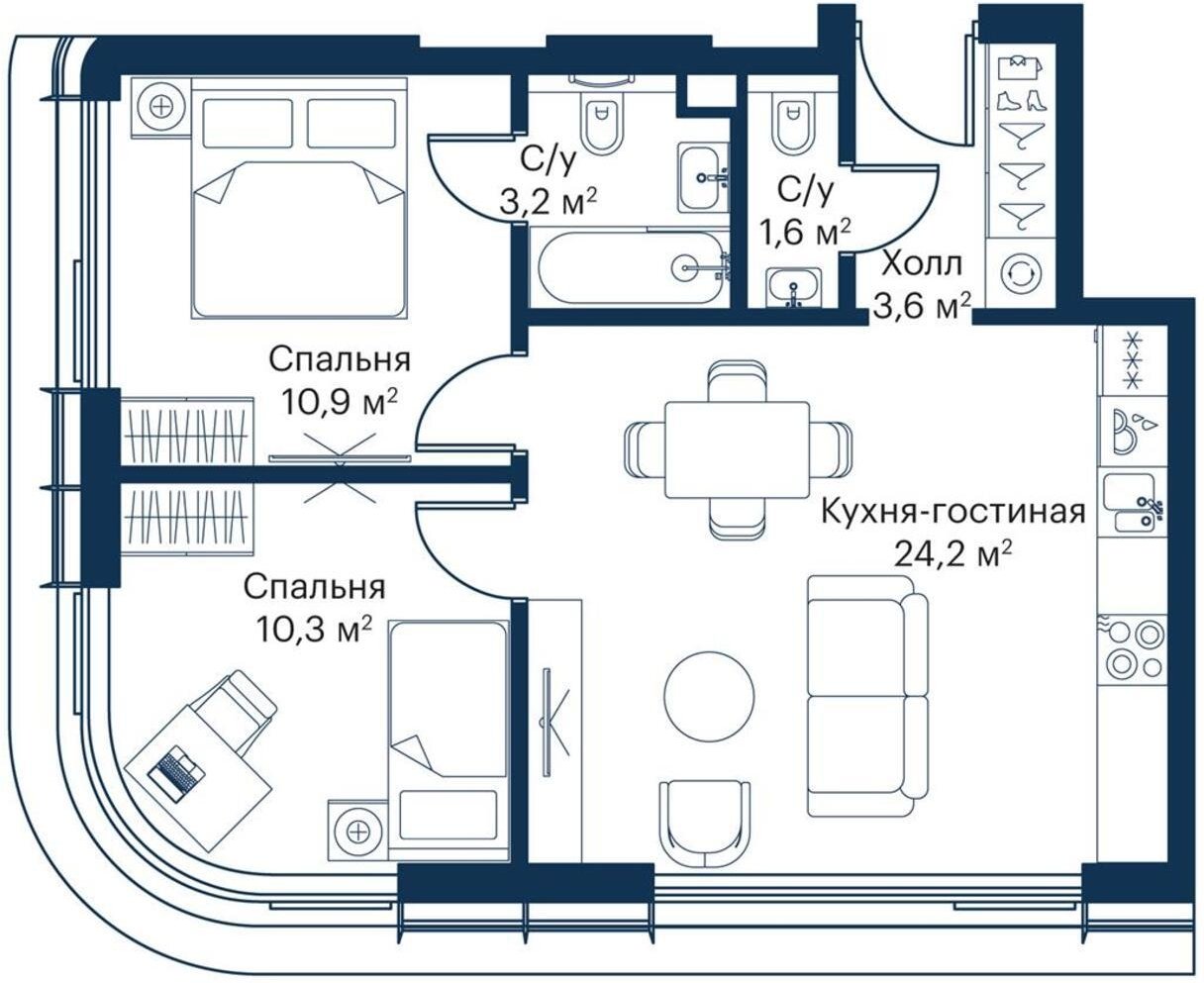 2-комнатная квартира с частичной отделкой, 53.8 м2, 36 этаж, дом сдан, ЖК City Bay, корпус Atlantic Ocean 1 - объявление 2255527 - фото №1