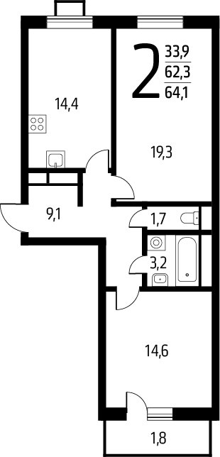 2-комнатная квартира с полной отделкой, 64.1 м2, 4 этаж, сдача 1 квартал 2025 г., ЖК Новые Ватутинки. Заречный, корпус 5/2 - объявление 2271742 - фото №1