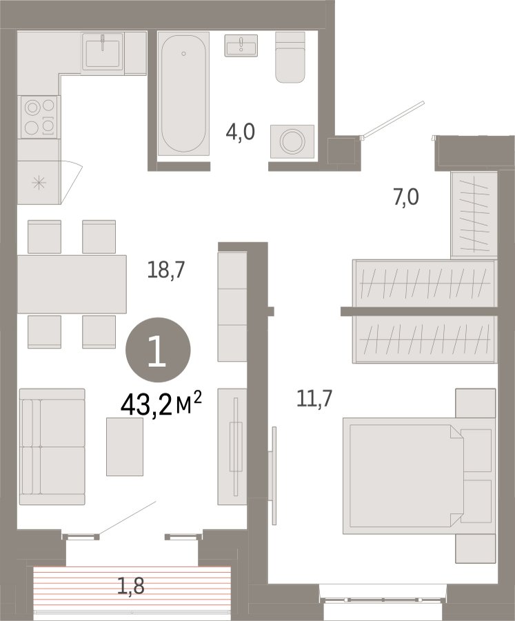 1-комнатная квартира с частичной отделкой, 43.2 м2, 10 этаж, сдача 3 квартал 2026 г., ЖК Квартал Метроном, корпус 1 - объявление 2342515 - фото №1