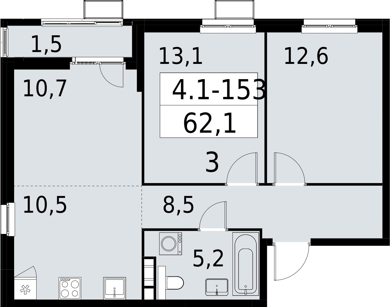 3-комнатная квартира (евро) с полной отделкой, 62.1 м2, 4 этаж, сдача 2 квартал 2027 г., ЖК Южные сады, корпус 4.1.2 - объявление 2392688 - фото №1
