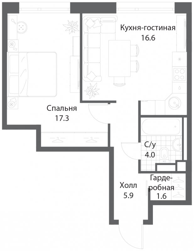 1-комнатная квартира без отделки, 45.4 м2, 13 этаж, сдача 3 квартал 2025 г., ЖК Nagatino i-Land, корпус 2 (3 очередь) - объявление 1786776 - фото №1