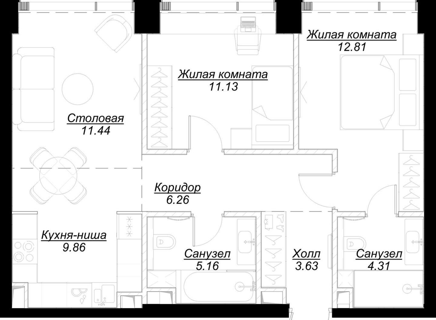 2-комнатная квартира с частичной отделкой, 64.48 м2, 30 этаж, сдача 4 квартал 2024 г., ЖК MOD, корпус Mann - объявление 2191552 - фото №1