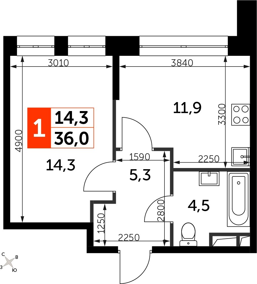1-комнатная квартира с частичной отделкой, 36 м2, 5 этаж, сдача 3 квартал 2024 г., ЖК Sydney City, корпус 2.1 - объявление 2260103 - фото №1