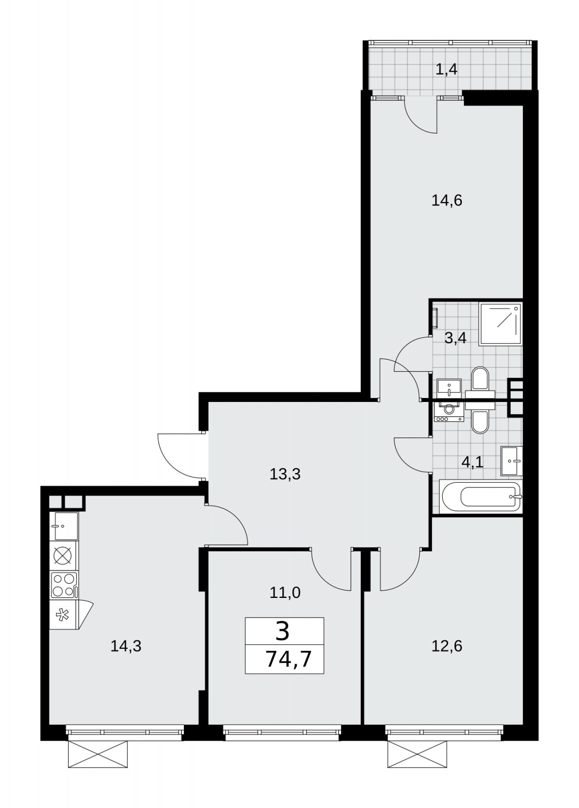 3-комнатная квартира с частичной отделкой, 74.7 м2, 4 этаж, сдача 2 квартал 2026 г., ЖК Деснаречье, корпус 4.5 - объявление 2264401 - фото №1