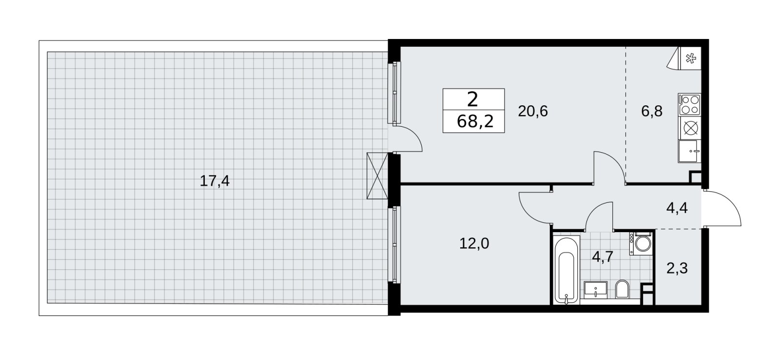 2-комнатная квартира (евро) без отделки, 68.2 м2, 2 этаж, сдача 1 квартал 2026 г., ЖК Прокшино, корпус 11.2.2 - объявление 2270048 - фото №1