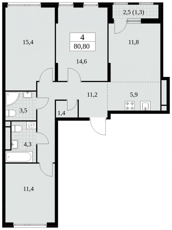 4-комнатная квартира (евро) без отделки, 80.8 м2, 11 этаж, сдача 2 квартал 2025 г., ЖК Южные сады, корпус 2.4 - объявление 1760233 - фото №1