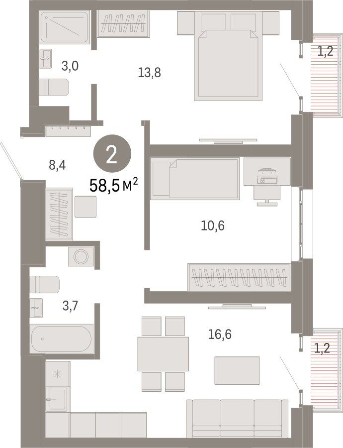 2-комнатная квартира с частичной отделкой, 58.5 м2, 22 этаж, сдача 3 квартал 2026 г., ЖК Квартал Метроном, корпус 1 - объявление 2358230 - фото №1