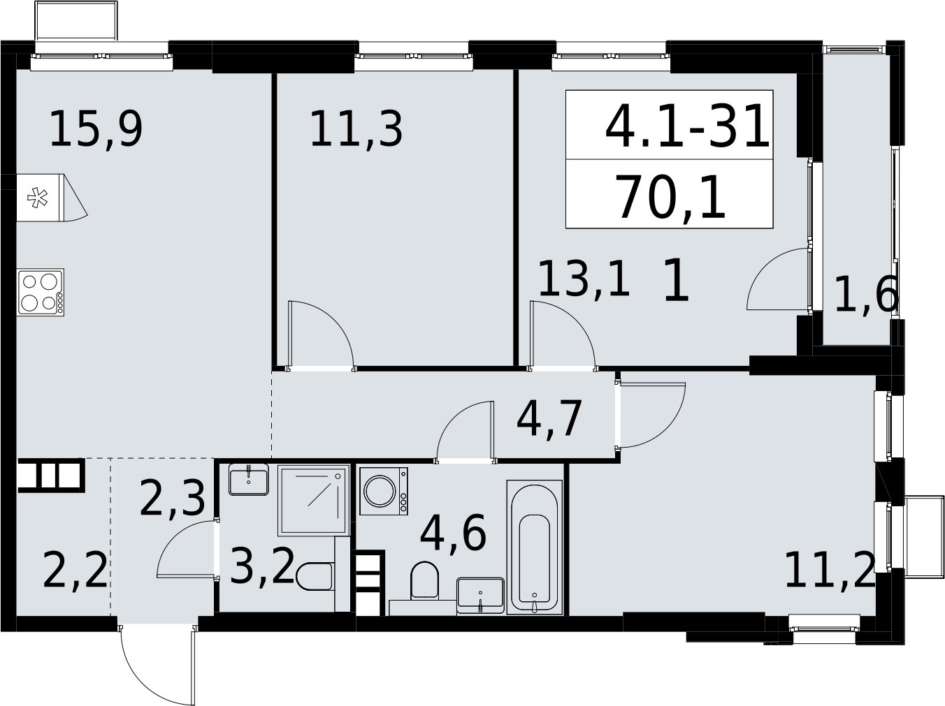 3-комнатная квартира с полной отделкой, 70.1 м2, 7 этаж, сдача 2 квартал 2027 г., ЖК Южные сады, корпус 4.1.1 - объявление 2392572 - фото №1
